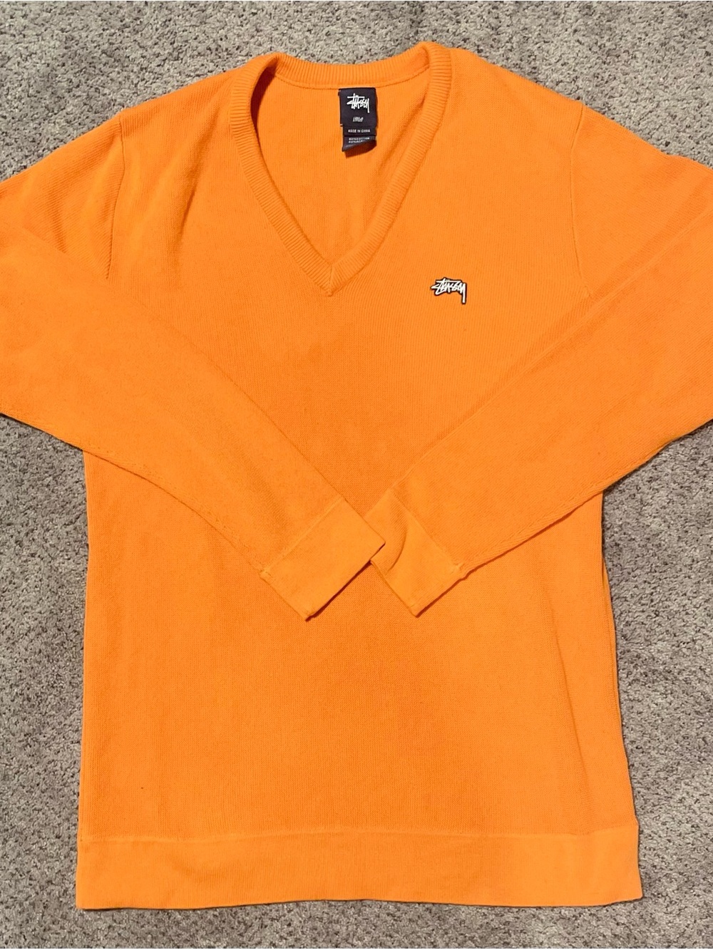 Vintage Stüssy Orange V-Neck Knit Sweater Size L
